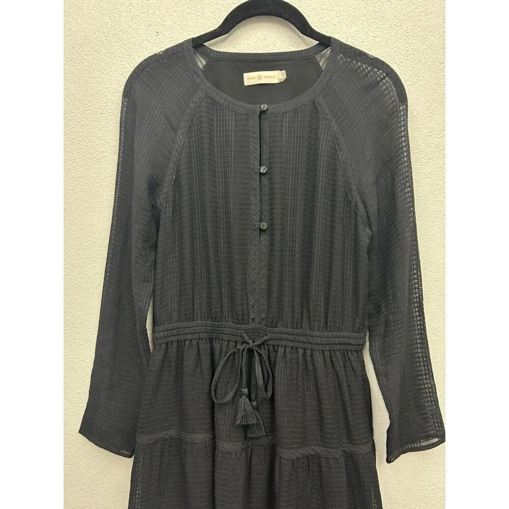 Tory Burch Silk Dress Size 2 Black Long Sleeve Knee Length Wedding Guest